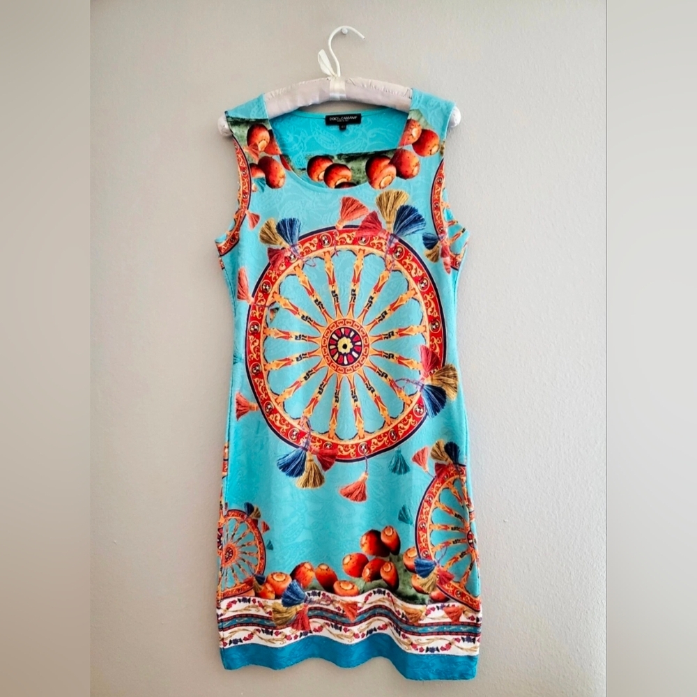 Dolce & Gabbana Dress Sheath Textured Sleeveless Fruit/Wheel Print Sz IT 40/US 4